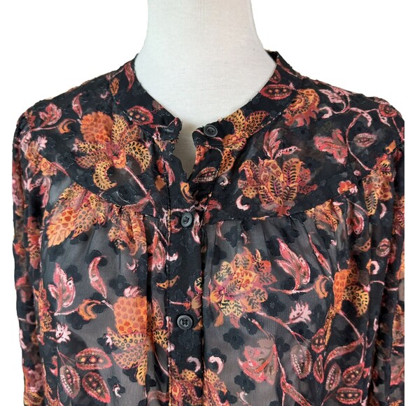 Ophelia Roe Semi Sheer Floral Blouse Women’s M Black Orange Button Front - Picture 2 of 9